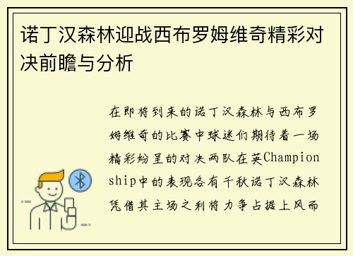 诺丁汉森林迎战西布罗姆维奇精彩对决前瞻与分析